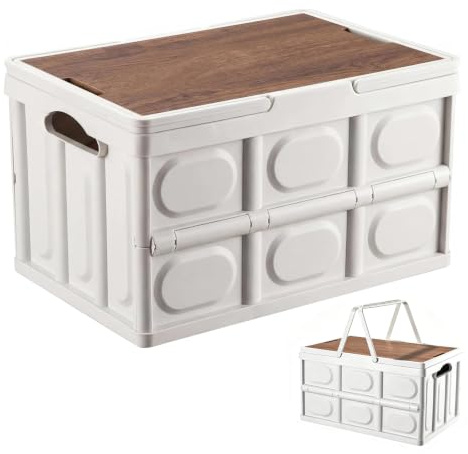 YushengTai Caja de camping plegable de 30 l con tapa, caja plegable con tapa de madera, caja de almacenamiento apilable para camping, coche y maletero, 43 x 30 x 24 cm (blanco, 30 L)