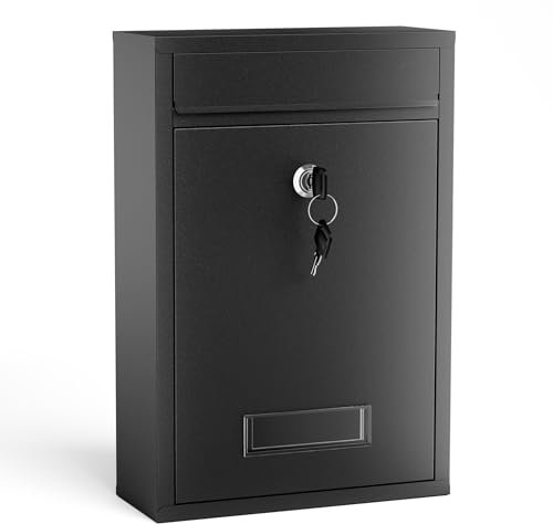 Wiltec Buzón V11 Negro casilla de Correo de Pared de Acero con Recubrimiento en Polvo con Placa de identificación, Ranura Amplia para Cartas y 2 Llaves