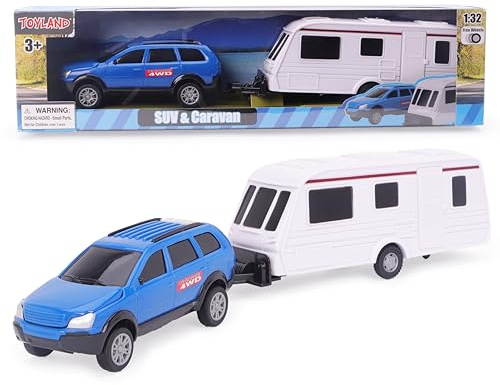 Toyland® Blå bil med avtagbar husvagnsuppsättning - 1:32 Skalbar frihjuls-SUV och släpvagn samlarleksaksfordon för barn - Ålder 3+