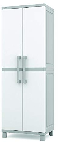 Keter Storage Cabinet with Doors and Shelves for Laundry Room, Garage, Bathroom Accessories, Closet and Home Organization, White & Grey