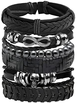 JJDreams Bracciali punk da Uomo Bracciale in Pelle Nera Infinite Bracciale in pelle Intrecciata Stile gotico Bracciale di Perle