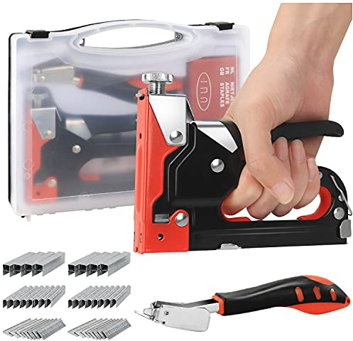 Heavy Duty Staple Gun Set, 3-in-1Manual Nail Gun Kit (Orange Black) | with 2400 Staples and Stapler Remover, Upholstery Stapler for Fixing Material, Decoration, Furniture, Doors and Window
