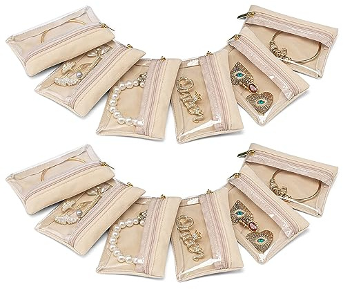 VLANDO 12 Pcs Travel Jewelry Organizer Velvet Jewelry Pouch with Zipper Clear Travel Jewelry Bag for Travel Business Trip Mother‘s Day Gift for Mom Wife Women