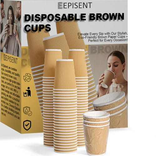EPISENT 12 oz Ripple Wall Paper Cups Pack of 50, Insulated Kraft Disposable Coffee Cups for Hot and Cold Drinks, Takeaway Vending and Office Use