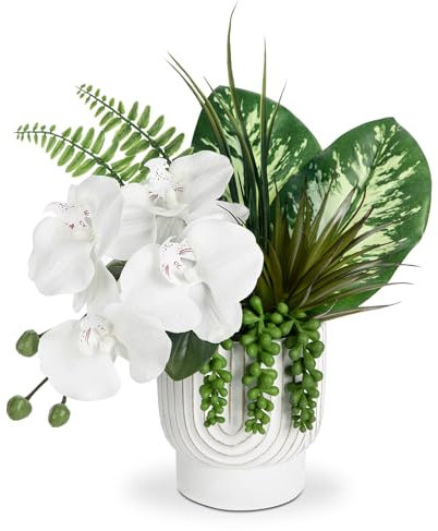 Arborus Artificial Orchids Plants in Ceramic Pot 12.9 Artificial White Orchids Flowers Fake Silk Phalaenopsis Flower Arrangement Artificial Plant Indoor for Home Office Table Centerpieces Decoration