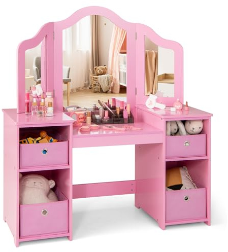COSTWAY Kids Vanity Set, Children Dressing Table with Tri-Folding Detachable Mirror, 4 Storage Bins, Girls Makeup Tables for Playroom Bedroom (Pink)