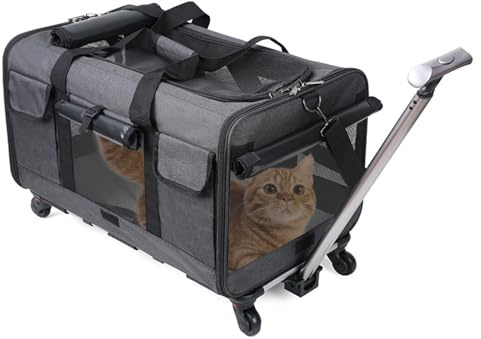 PETCUTE Transportín para Mascotas con Ruedas Carga de 17.5kg,Transpirable Transportador para Mascotas con Asa Telescópica,Plegable Transportín Perro Gato con Alfombrilla extraíble,Aerolínea Aprobada