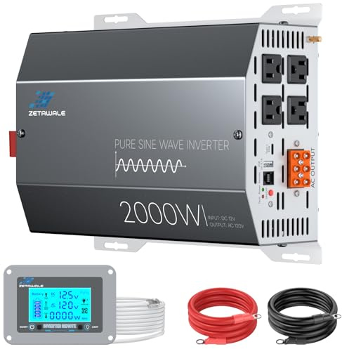ZETAWALE Inversor de onda sinusoidal pura de 2000 W, 12 V CC a 110 V 120 V, 4 salidas CA, USB, tipo C, LCD con control remoto para camión, RV