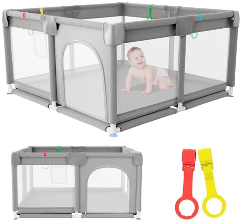 JUPPLIES Parque Infantil Bebe 120x120cm – Corralito Bebe con Malla Transpirable – Parque de Juegos Bebe con Puerta Lateral – Playpen Bebe - Gris