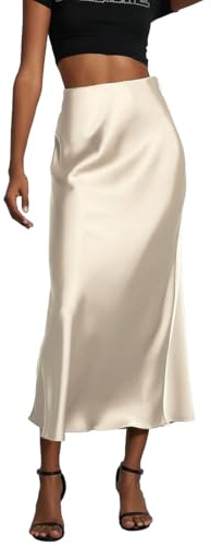 OLIPHEE Jupe Longue Femme Jupe Satin Taille Haute Elastique Robe Femme Robe Satin Ligne A Couleur Unie Casual Chic Élégante Soirée