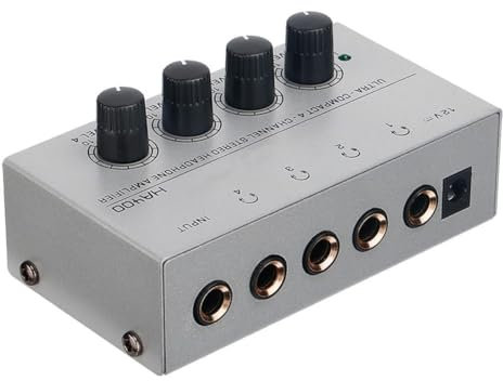 Junterone Amplificador de Auriculares con Cable de Audio, HA400, Amplificador de Audio Estéreo Metálico de 4 Canales, para Mezclador de Sonido, PC, Guitarra, Enchufe Europeo.