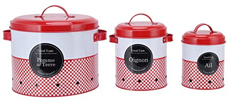 Baxnore Juego de 3 botes de gran capacidad para cocina de estilo rústico, contenedores de almacenamiento para café, té, azúcar, organización rústica de encimeras, tarros de metal, rojos y