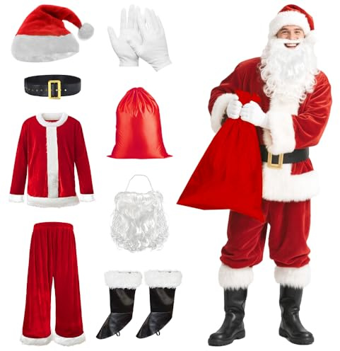Pengrity 8 PCS Deluxe Santa Claus Costume, XXXL Santa Costume Adult, santa Outfit Men with Hat, Boots Covers, Beard, Belt, Gloves, Father Christmas costume for Christmas Party, Role Play