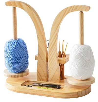 GAESHOW Supporto per Filati a Doppia Rotazione, Portagomitolo Girevole per Uncinetto, Porta Filato in Legno per 2 Gomitoli di Filato Rotante Magnetico, per Amanti del Lavoro a Maglia (Colore Legno)