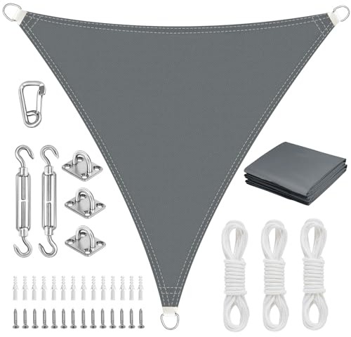 AFXXE Sonnensegel, Sonnensegel Dreieckig 4x4x4m Mit Befestigung, Sun sail Wasserdicht Sonnenschutz UV Schutz, Segeltuch Ohne Bohren Geeignet für Balkon/Garten/Terrasse/Camping（Grau）