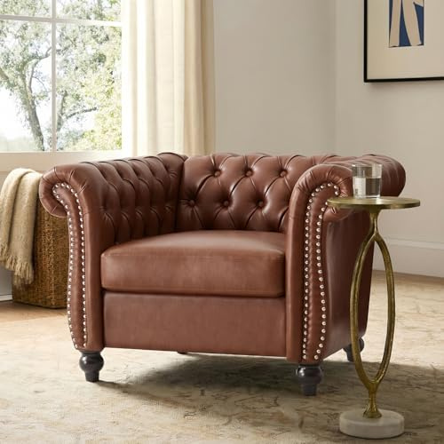 Zentrava Chesterfield Upholstered Club Chair, Scrolled Arm Living Room Single Sofa Chair, PU Accent Armchair with Nailhead Trim, and Solid Wood Legs for Living Room Bedroom Office (PU, Brown)