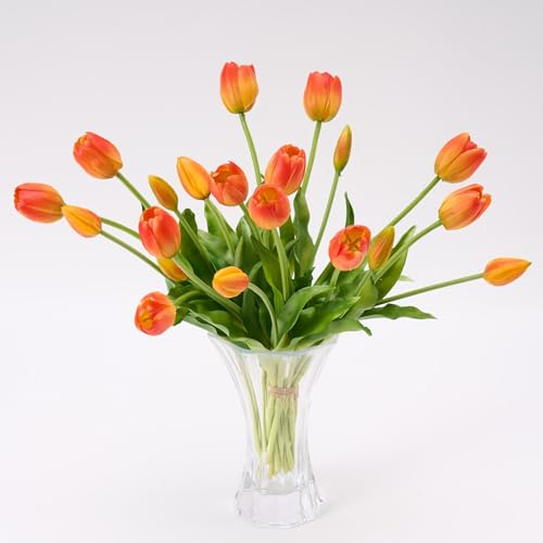 Avoeco 20 tulipanes artificiales de tacto real, ramo de flores de tulipán sintético realistas para jarrón, decoración elegante del hogar, centros de mesa y bodas (20, naranja)