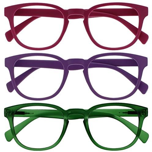 OPULIZE Pop Gafas de Lectura Pack de 3 Redondas Rosa Fucsia, Violeta y Verde Musgo Mate Satinado Bisagras con Muelle Resistentes a los Arañazos Hombre Mujer RRR2-456 +1.00
