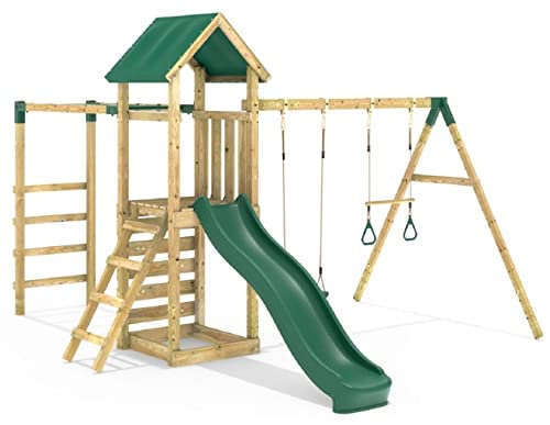 Rebo® Children's Adventure Playset Wooden Climbing Frame with Monkey Bars, Swings and Slide - Logan | OutdoorToys | Sturdy Wooden Construction, Pressure Treated Timber