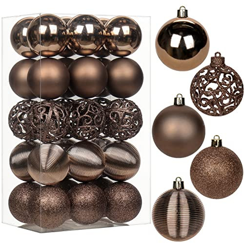 30 pcs Christmas Baubles Xmas Ball Ornaments with Strings, 60mm/2.4 Brown Shatterproof Plastic Hanging Decorations, Christmas Tree Pendants for Home Party Wedding Holiday