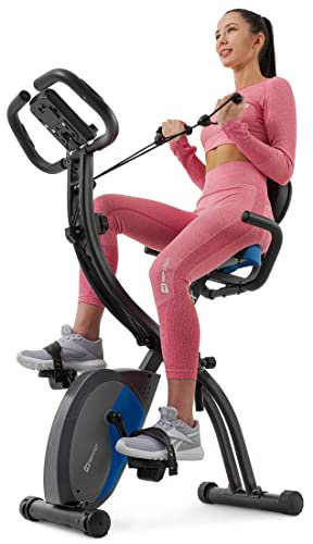 Hop-Sport 3-in-1 Heimtrainer Fahrrad klappbar HS-3010x Grix mit Widerstandsbändern für Ganzkörpertraining, Fitnessbike mit LCD-Display, Pulssensoren, Ergometer mit 5kg Schwungrad & 8 Widerstandsstufen