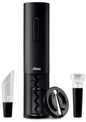 Ufesa EasyOpen Korkenzieher Set Profi Weinöffner, 4-Teiliges elektrischer Flaschenöffner, Dekanter, Vakuumdeckel, Kapselschneider und Weinflaschenöffner, USB, Batteriebetrieben, LED-Licht