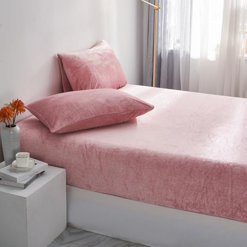 Luofanfei Fleece Winter Bettlaken 120x200 Rosa Cashmere Touch Warme Plüsch Bettlaken Spannbetttuch 120x200cm Frottee Kuschelige Spannbetttücher Uni Muster für Boxspringbett Hohe Matratze