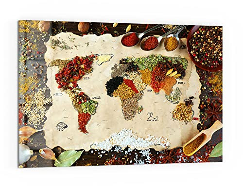 DEQORI Küchenrückwand Glas | Motiv Weltkarte aus Gewürzen | 60x40 cm | Bad- oder Herd-Rückwand | Herdblende Spritzschutz für Küche & Badezimmer | moderne Deko für Fliesenspiegel