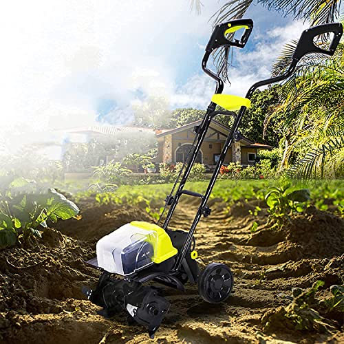 Cultivador/cultivador eléctrico inalámbrico de 14 pulgadas con ruedas, rotavator de jardín, 4 cuchillas de timón, ancho de labranza de 36 cm, profundidad de labranza de 20 cm, escarificador de c