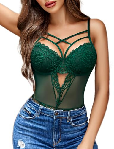 Avidlove Body en dentelle pour femme Sous-vêtements sexy sexy Body incurvé Teddy One Piece Lingerie, dark green8, M