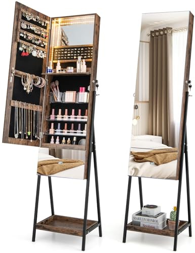 CHARMAID Jewelry Cabinet Armoire with Full Length Mirror, 3-Color Light Strips, Mirrored Tilt out Drawer, Lockable Standing Jewelry Organizer with Storage Shelves, Metal Stand (Rustic Brown)