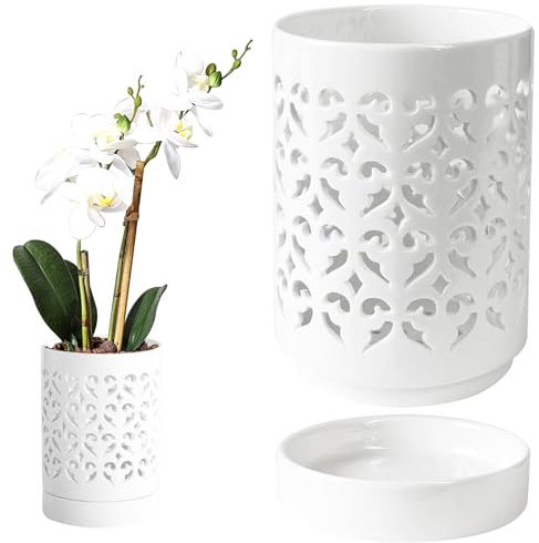 Comebachome Pot d'Orchidée en Céramique 5,5x4.1 Pouces, Plante Florale Creuse avec Soucoupe et Trous pour Le Rempotage (Blanc)