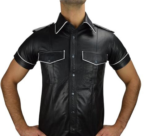 awanstar AW-665 Weissen Piping Regular Fit mit Roten paspel herren lederHemd aus echtemleder (Weissen, XL)