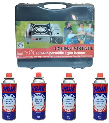 UBOON Pack Hornillo de Gas Individual 2200W con Maletín + 4 Cartuchos de Gas Butano 227g - Compatible con Cocinas Portátiles y Sopletes