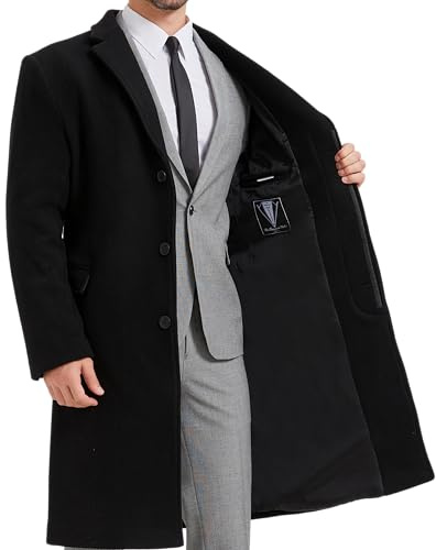 The Platinum Tailor Mens Black Overcoat Wool & Cashmere Covert Warm Winter Bond Coat Fully Lined (UK, Numeric, 44, Regular, Regular, Black - Black lining)