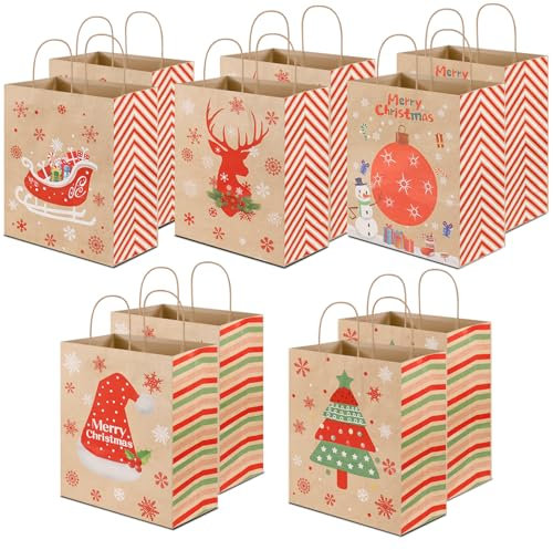 Sacchetti Regalo Natale Sacchetti Natalizi di Carta Kraft, 10 Pezzi Buste Regalo Natale con Manici in 5 Modelli per Regali, Cracker, Dolci, Accessori per Feste (27 x 21 x 10 cm)