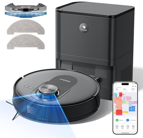 Proscenic Q8 Max Robot Vacuum Cleaner With Mop and Self-Empty Station, 5000Pa Suction, Lidar Navigation Home Mapping, 200 Min Run, Self-Charging, WiFi APP Customized Cleaning for Floor, Carpet, Hair