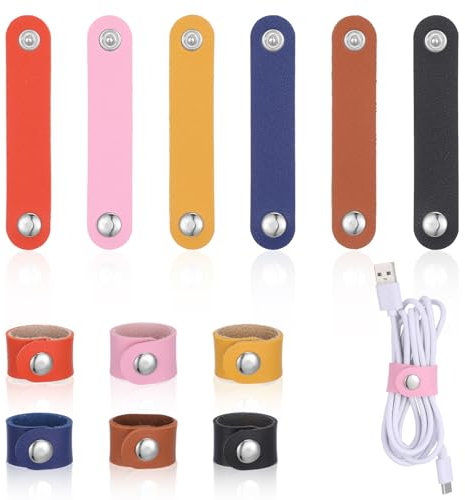 Tyqour 12pcs Leather Cable Straps Cable Organizer Travel Small Cable Ties Reusable Phone Cord Ties Wire Organiser Charging Cord Power Cord Headphone Organizer for Charging Cords