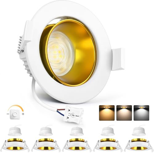 YindaLux 6x LED Einbaustrahler 230V Dimmbar 5W Einbauspots Schwenkbar 3000K/4000K/6500K LED Spot 75-80mm Lochmass Deckenspots IP44 Einbauleuchten Weiß Gold matt Alu für Badezimmer Wohnzimmer