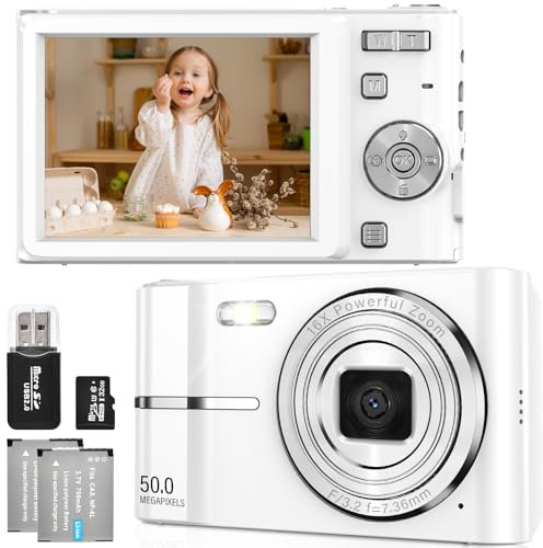 FAYIBUY Digitalkamera 50MP 1080P FHD Fotokamera mit Autofokus 16X Digitalzoom Fotoapparat Tragbare Kompaktkamera mit 32GB SD-Karte für Kinder Teenager Anfänger Geschenk (Weiß)