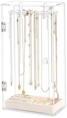 Amexo Soporte para Collares de Acrílico Organizador de Collares con 24 Ganchos de Rotación Organizador de Joyas de Acrilico con Caja de Terciopelo Soporte para Joyas Transparente para Collares Anillos