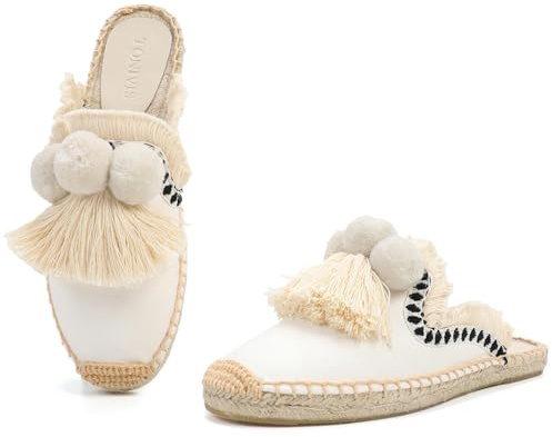 TONIVIS Espadrille Mules for Women, Tassel Slip On Flat Shoes White