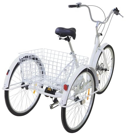 Ealtqund 26 Zoll Retro-Dreirad für Erwachsene und Senioren - Stahlrahmen, 6-Gang Schaltung, Großer Korb, Verstellbarer Sitz, Sicherheitsbremsen - Ideal für Einkaufen, Picknicks und Geschenke (Weiß)