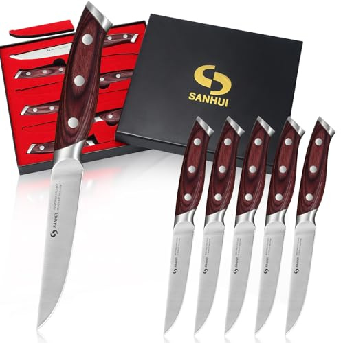 SANHUI Steak Knives Set of 6,4.5 Inch High Carbon Stainless Steel Steak Knives with PakkaWood Handle,Steak Knife with Gift Box for Home Kitchen, Grilling & Dinner Parties – Dishwasher Safe