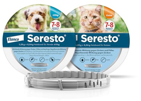 Seresto Kombi-Set: 1 Zeckenhalsband für kleine Hunde ab 8 kg und 1 Zeckenhalsband für Katzen. Bis zu 7 bis 8 Monate wirksamer Schutz gegen Zecken und Flöhe für Ihre Haustiere