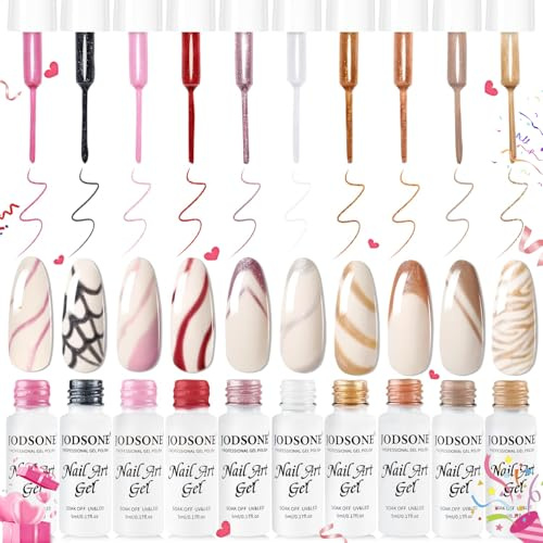 JODSONE Liner Gel Nagellack Set, 10 Farben Glitzer Rot Schwarz Rosa Gel-Nagellack Need U V-Lampe Ausgehärtet mit dünnem Pinsel für zu Hause oder den Salon