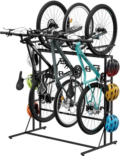 OYEAL Vertical Bike Stand, Free Standing Bike Rack Garage with 6 Hooks, Indoor/Outdoor Floor Bike Storage for 3 Adult Mountain/Road &1 Kids Bikes, Max Tire Width 2.6”, Black