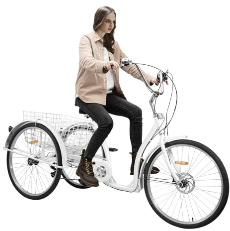 FENGLY 26 tums trehjuling för vuxna, 3-hjuls, 6-växlad seniorcykel, 3-hjuls cykel med shoppingkorg, justerbar höjd 120 kg lastkapacitet för vuxna seniorer körning utomhus (vit)