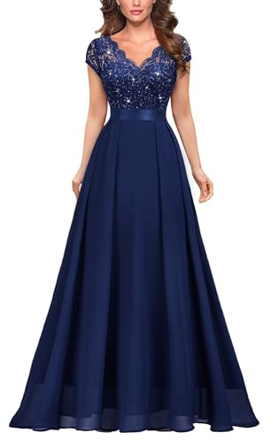 MIUSOL Women's Elegant V-Neck Lace Emprie Waist Bridesmaids Party Gown Formal Maxi Dress | Cap Sleeves, V-Neck Fitted Bodice, Emprie Waist Design, Flowy Chiffon Hem, Wedding Guest Outfits, Ceremony Gown