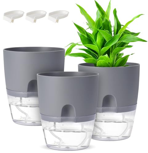 GuKKK Lot de 3 Plastique Auto-Arrosant, 15.3cm Pots de Fleurs en Plastique, Auto-Arrosant avec Réservoir d'eau et Soucoupe de Fleur Convient pour Plantes D'intérieur, Balcon, Jardin(Gris)